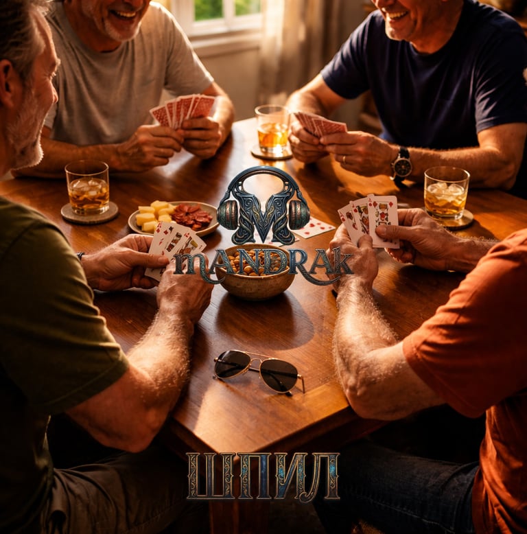 4 friends playing cards on a table, laughing, with whiskey glasses