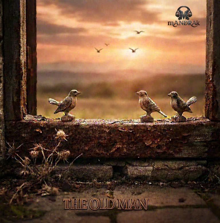 an old door cill with three wooden birds, nostalgic yellowish colours, representing missing family