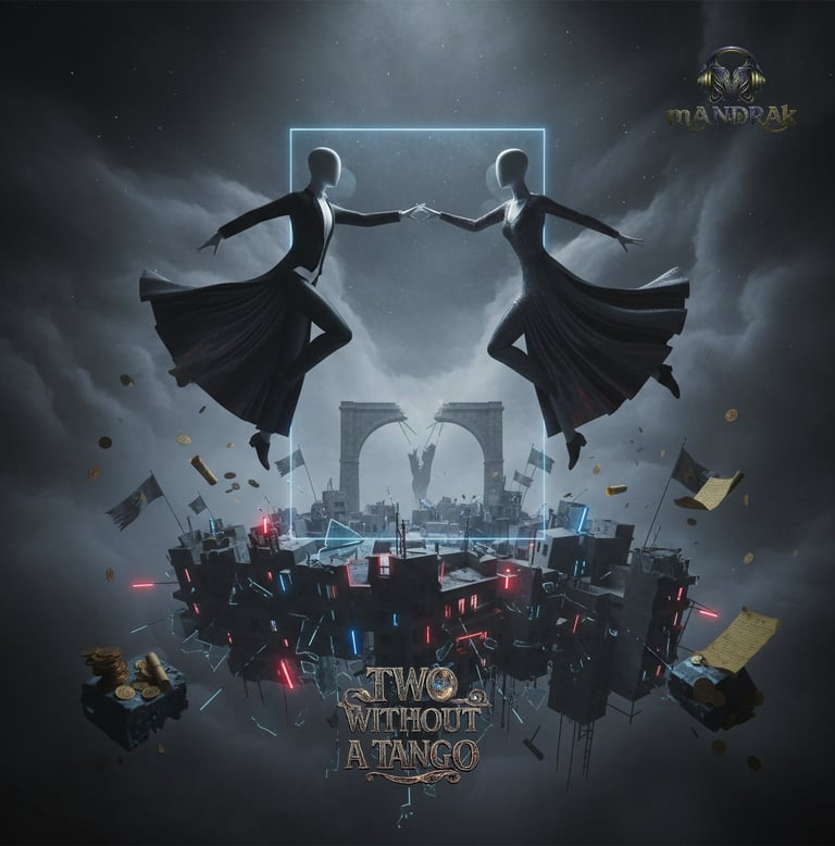 apstract image of two humans in air touching each other, dancing tango in air