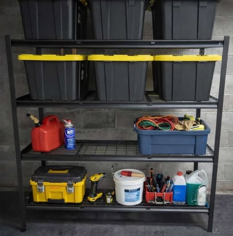 Industrial totes on shelves keeping things organized