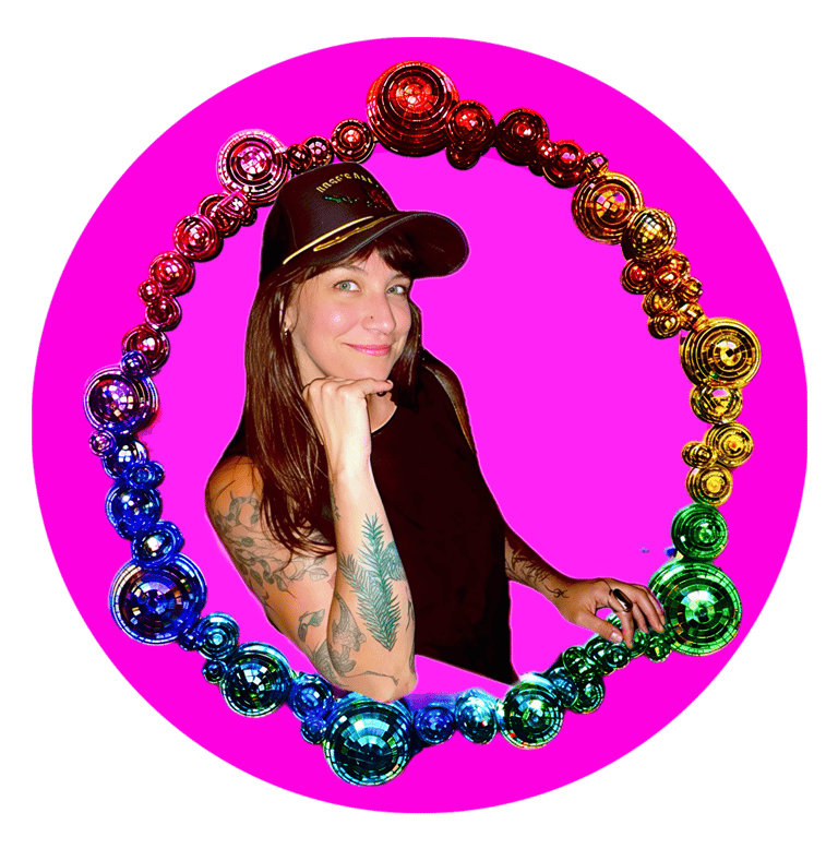 Headshot of Grayson surrounded by rainbow disco balls on a pink background 