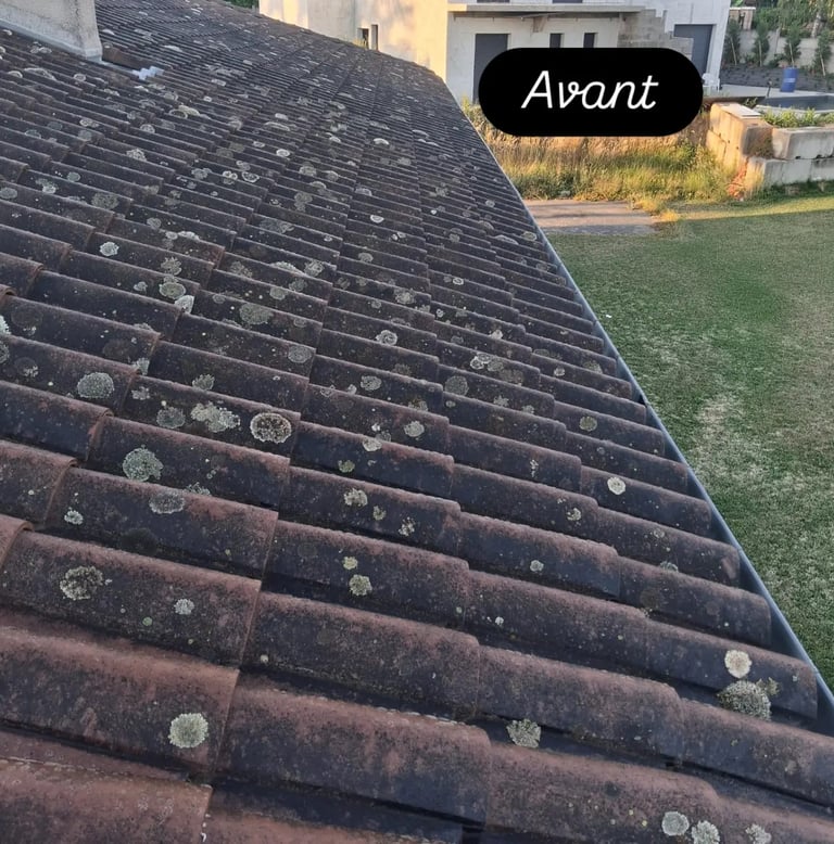 Résultat avant après d'un nettoyage et traitement hydrofuge de toiture