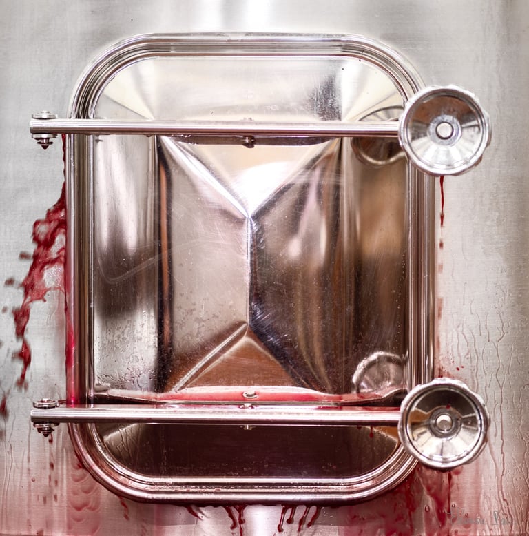 photographie vinification coulures rouges flux sur inox Éléonore Parc photographe d’art Bourgogne
