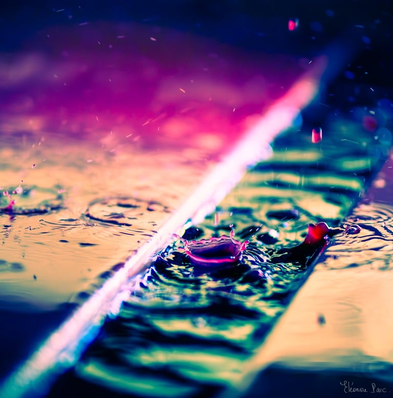 Écoulement du vin, surface irisée transformée en abstraction photographique.