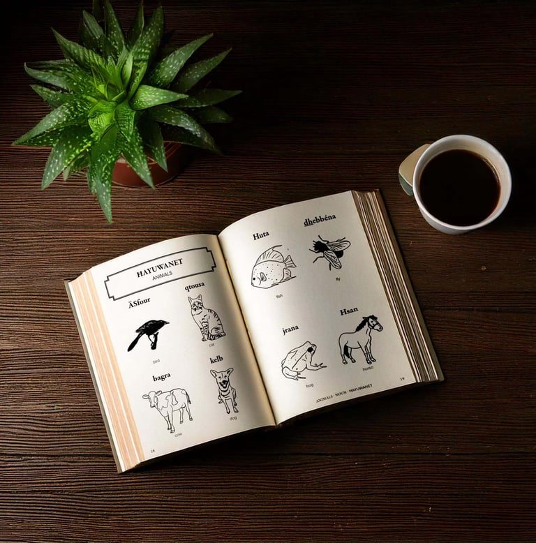 Visual Dictionary on a table open to Tunisian animals and their names.