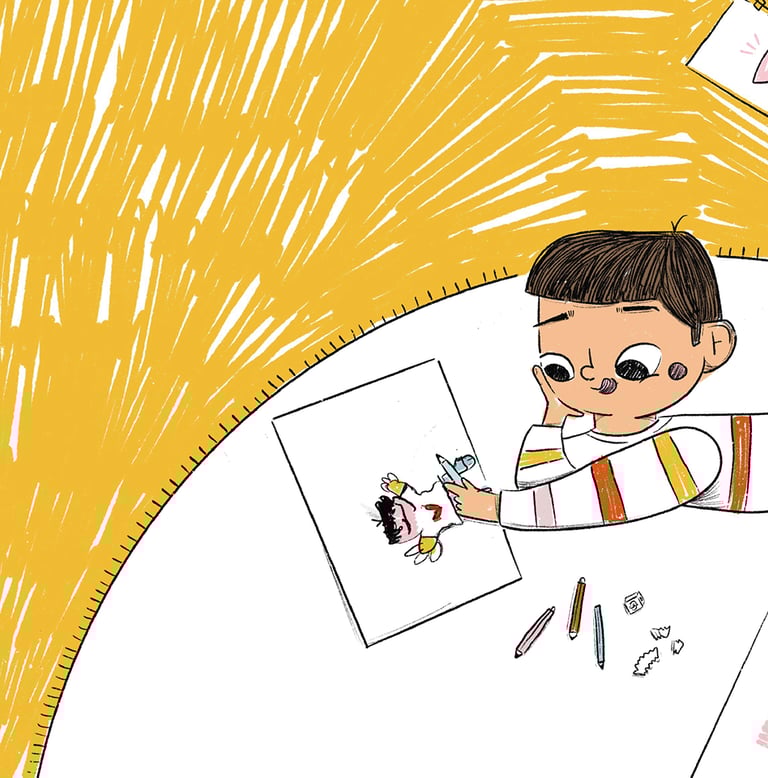 Children’s book illustrator style – kid drawing lost in his imagination