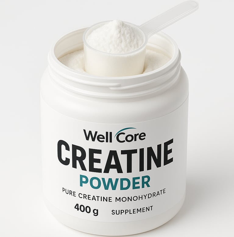 Well Core creatine supplement container with powder and scoop