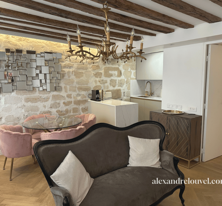 Salon / salle à manger et cuisine décoration hôtel-boutique, appartement prestige