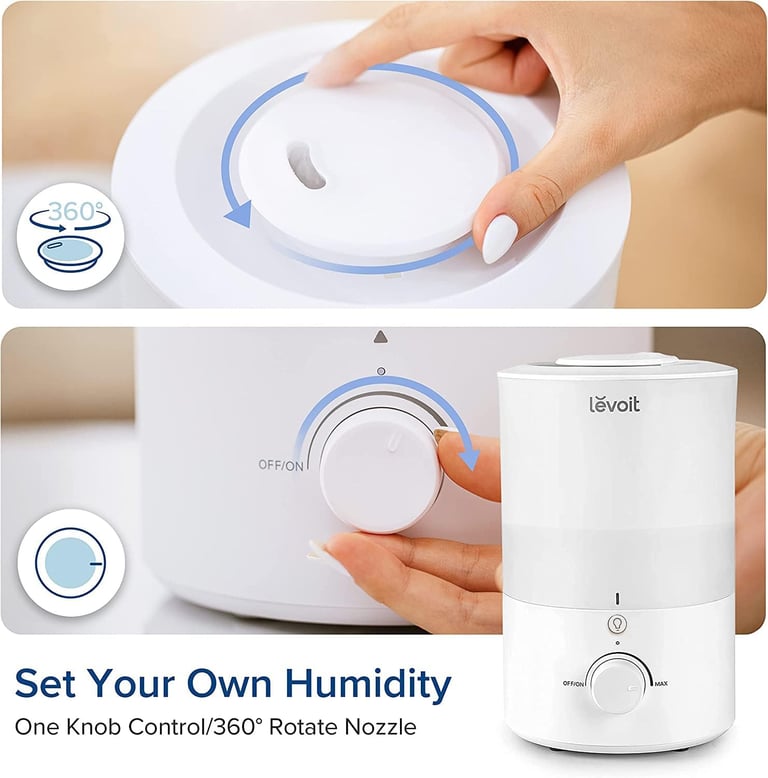 lose-up of Levoit humidifier knob and top lid showing rotation arrows and user hand adjusting