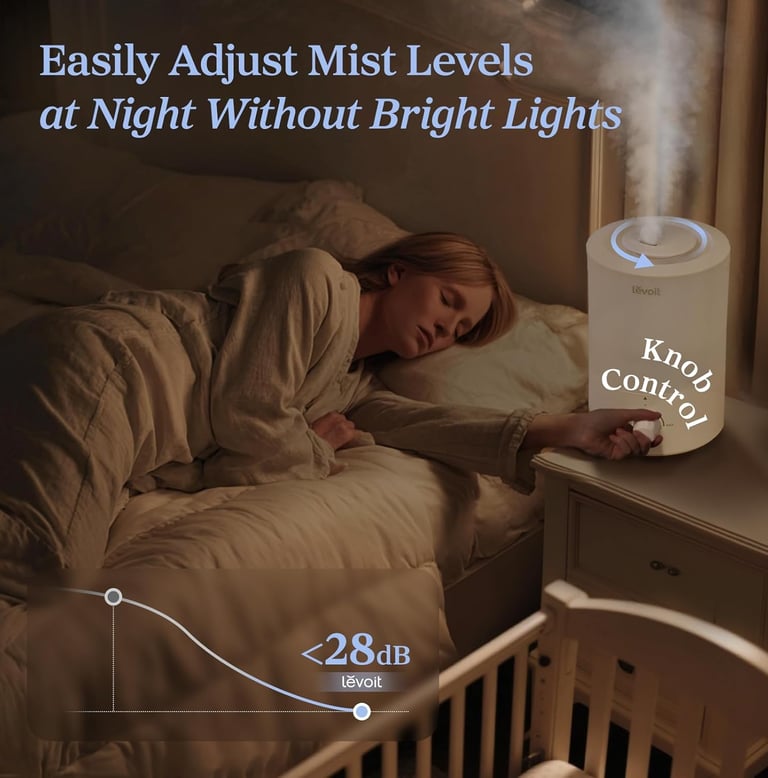 Woman sleeping beside softly glowing humidifier while adjusting knob from bed