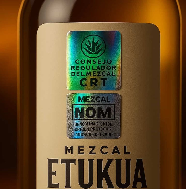 Primer plano detallado de los sellos holográficos de certificación CRT y NOM en la parte posterior d