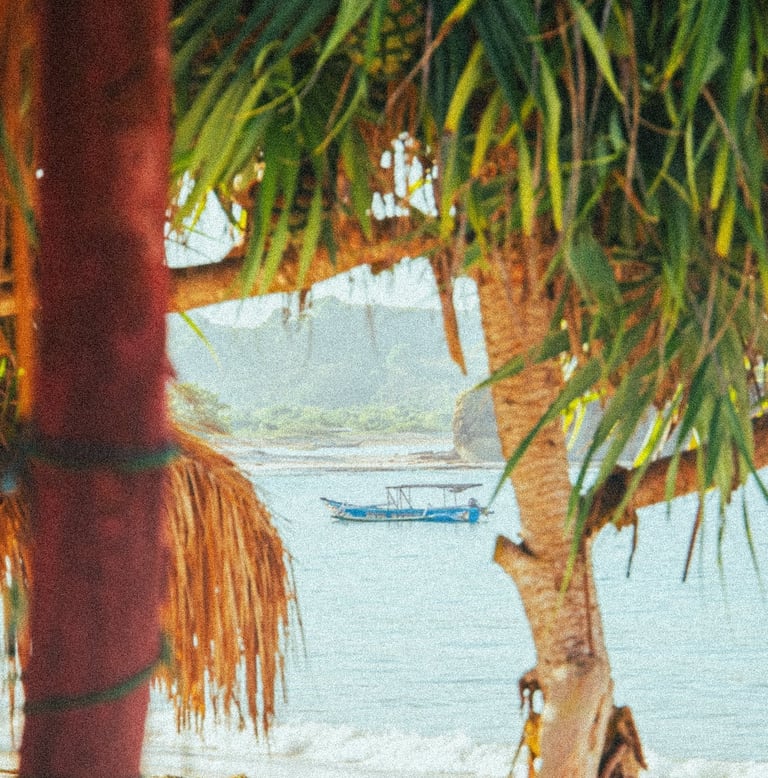A traditional blue boat floating in Tanjung Aan Beach viewed through coastal palm trees, in Kuta
