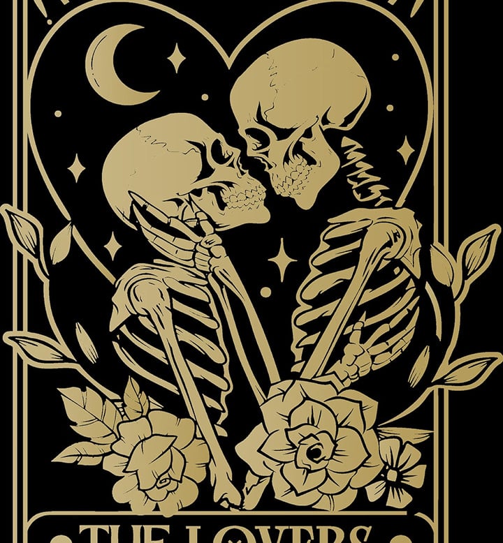 a tarot card with a couple of skeletons in love and affection