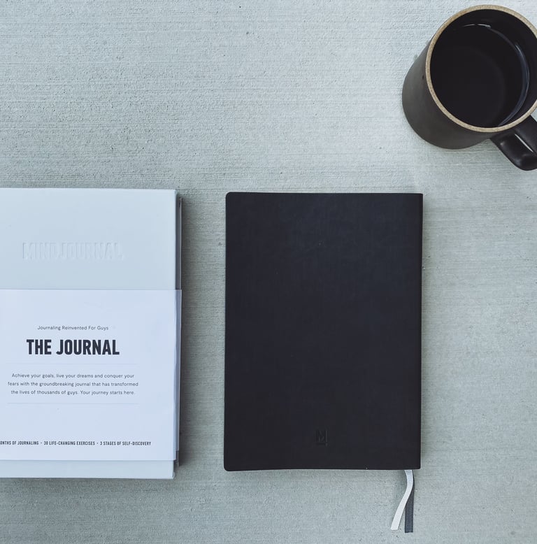 journal, journal sleeve and cup of coffee