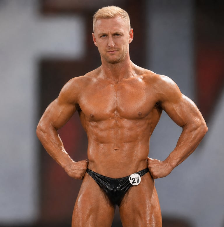 Robb Sheridan bodybuilding flexing defined abdominal and shoulder muscles during a competition.