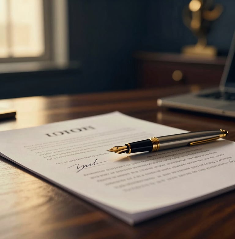 Close-up of a signed corporate contract with a premium gold fountain pen resting on it, luxury dark wood desk, warm golden lighting, shallow depth of field, professional legal atmosphere