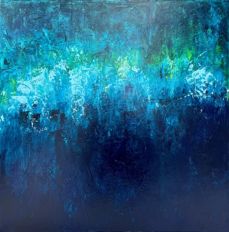 Kate Young abstract painting, size 36x36, blue and green, Guelph artist