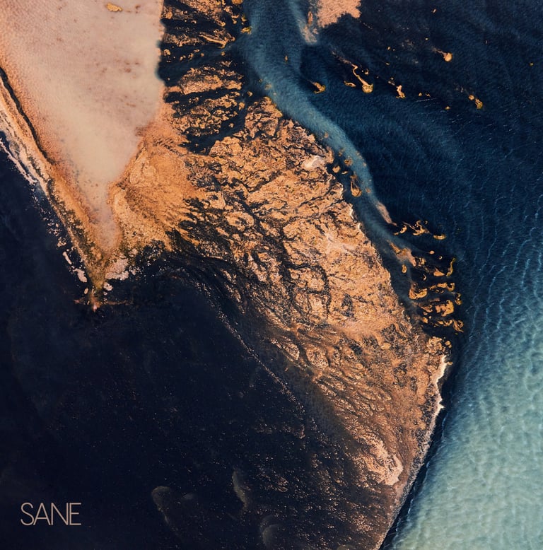 Aerial view of a golden sandbar meeting deep blue ocean water with abstract coastal patterns.