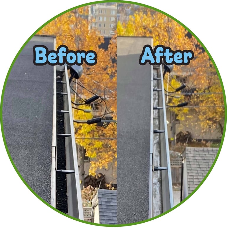 Before and after picture of gutter cleaning in Calgary