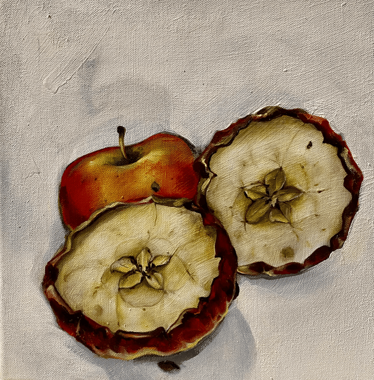 A painting of two apples.  One is cut in half revealing an ageing core.