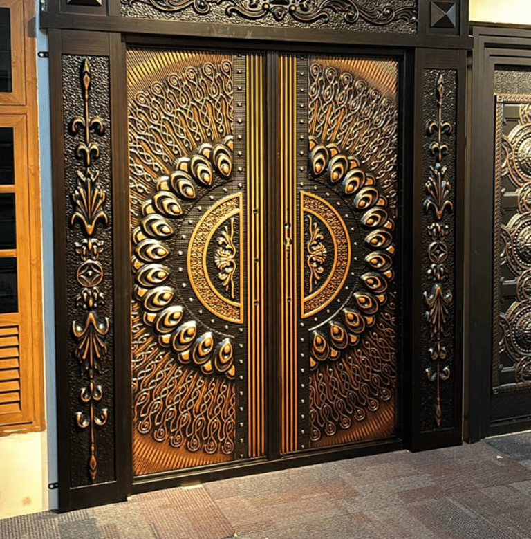 a large metal door with ornate metal and wood doors. Steel doors and windows 