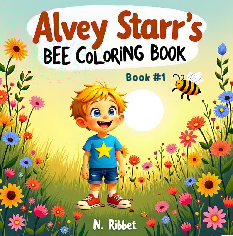 Alvey Starr Book 1 in Nanny's garden looking at a bee from alveystarr.com