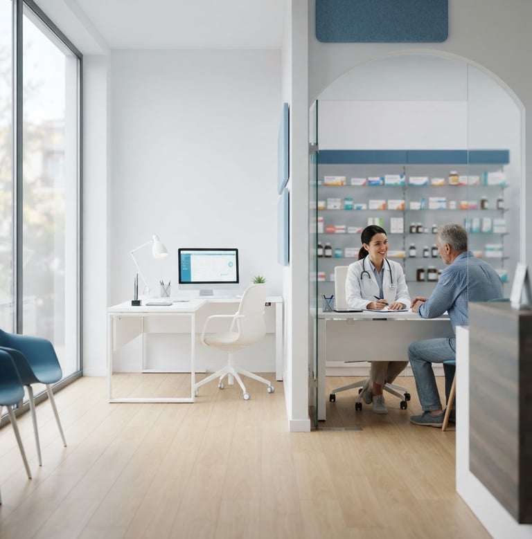Interior moderno y elegante de un consultorio médico o farmacia, con luz natural, tonos azules y blancos, un médico profesional interactuando con un paciente en segundo plano, composición en 21:9 con espacio a la izquierda.