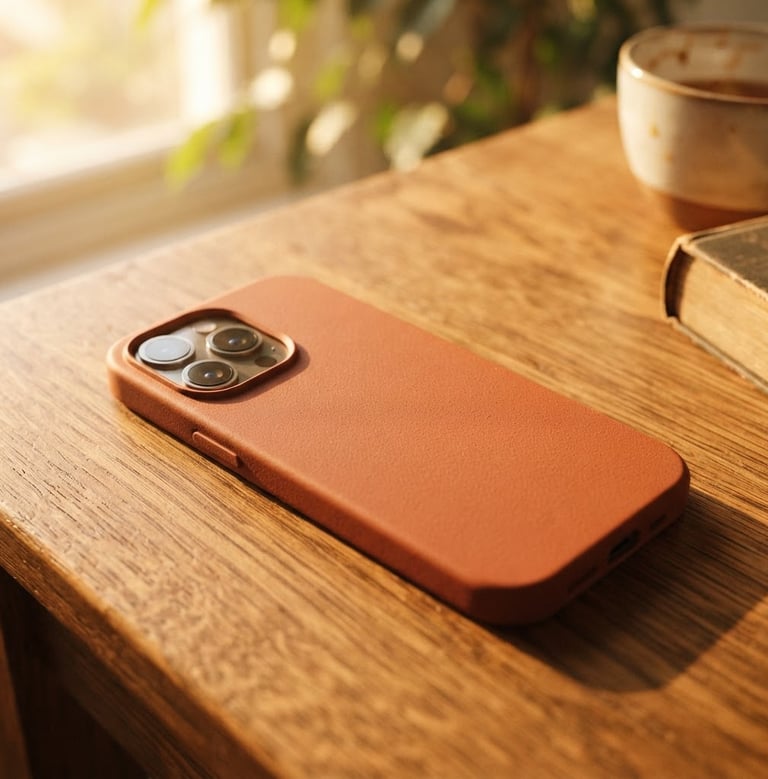 Close-up of a terracotta phone case on a sunlit wooden desk, shallow depth of field, warm golden-hour window light, rich saturated tones, tactile textures.