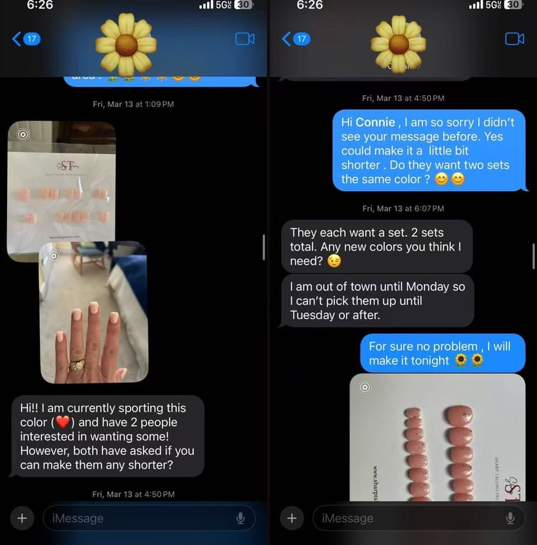 Customer review showing Nude Peach sets of Sharp Talons press-on nails and positive feedback