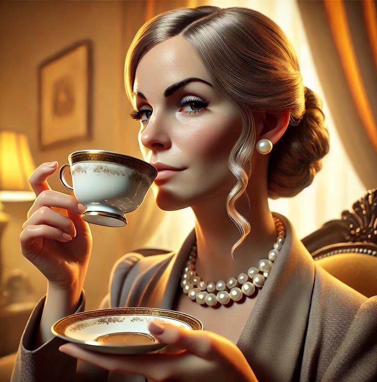 Snobbish woman sipping tea with a smug expression in a cozy tearoom.