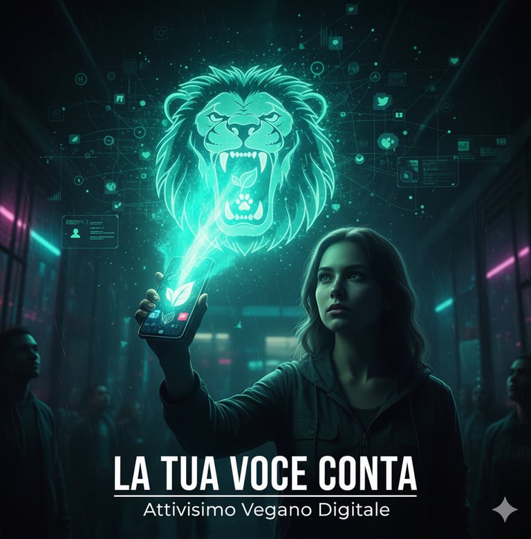 Primo piano su una mano che tiene uno smartphone che irradia un messaggio vegano sui social media. L