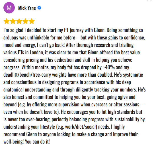 A google review for personal training in London England