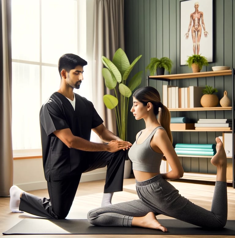 a physiotherapist and a woman doing yoga exercises