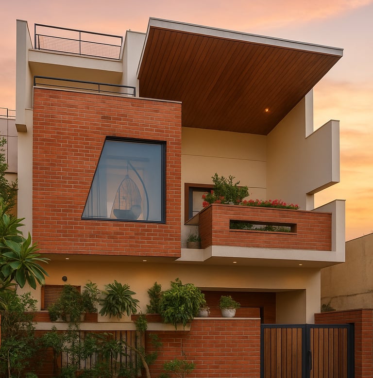 a house with a large window and a red brick wall
