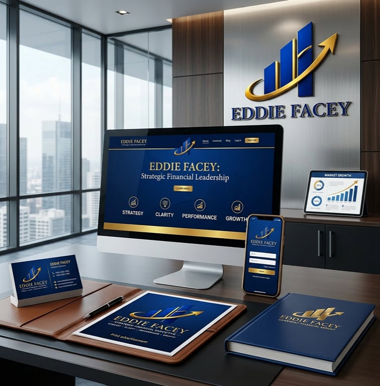 Corporate branding and financial advisor marketing materials for Eddie Facey in a modern office.