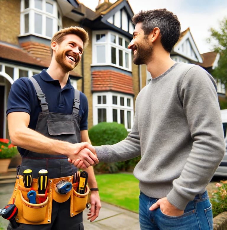 A handyman and a customer shaking hands outside a well-maintained property in London.