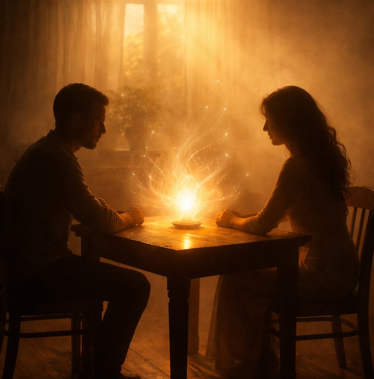 A romantic couple sitting at a wooden table with a magical glowing light between them in a misty room.
