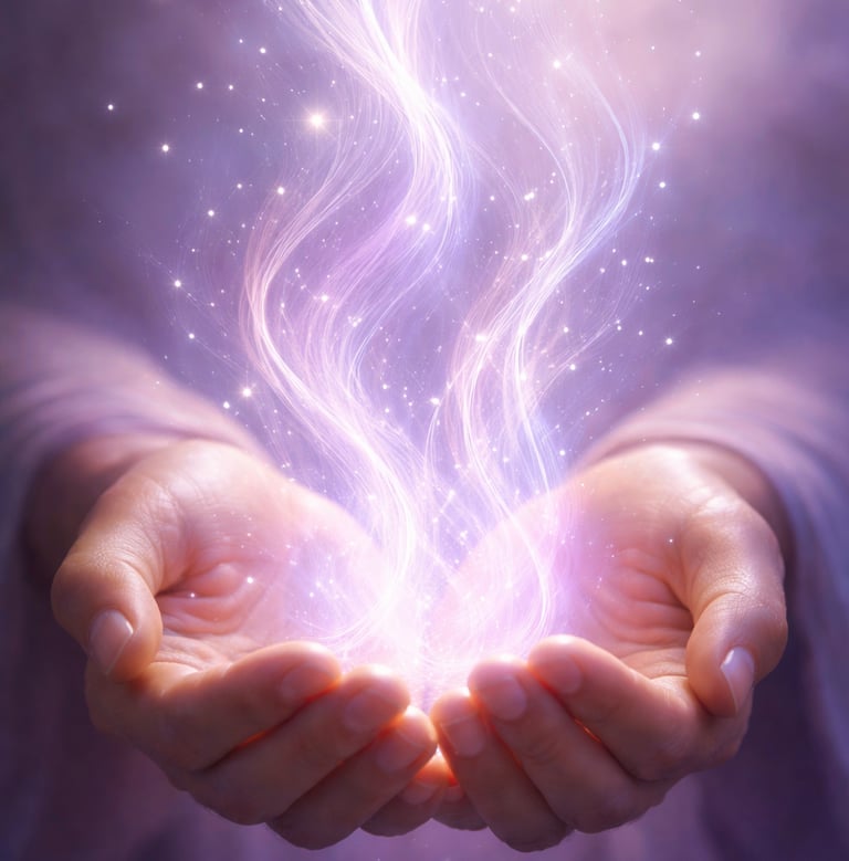 Glowing purple magical energy rising from cupped hands with sparkling light and ethereal swirls.