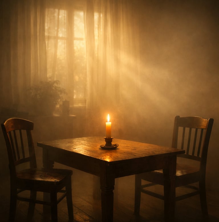 A glowing candle on a rustic wooden table in a foggy, sunlit room with vintage chairs.