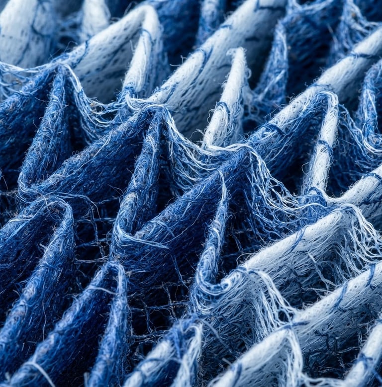 Sharp, high-detail macro shot of industrial filtration media, cool studio lighting, deep blues and crisp whites, focus on the intricate structure.