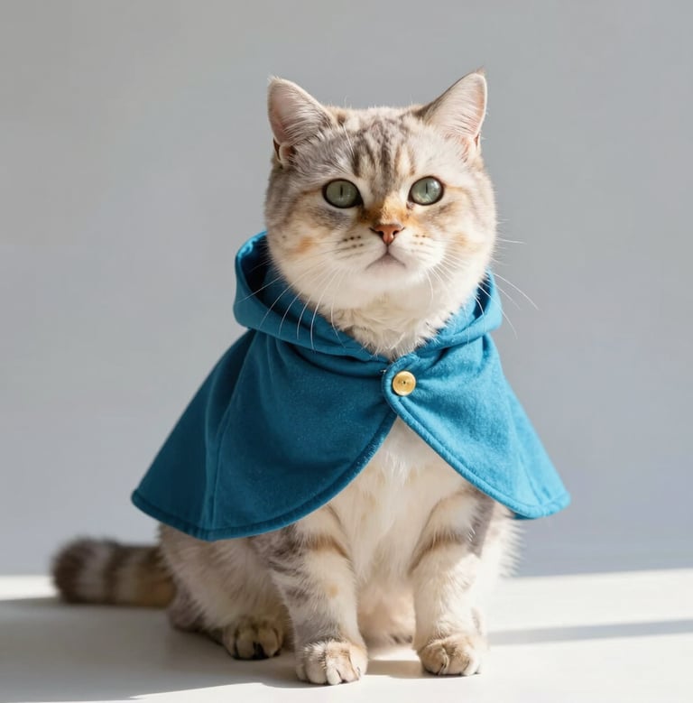 Gatito con capa color turqueza con boton sentado viendo hacia la cámara