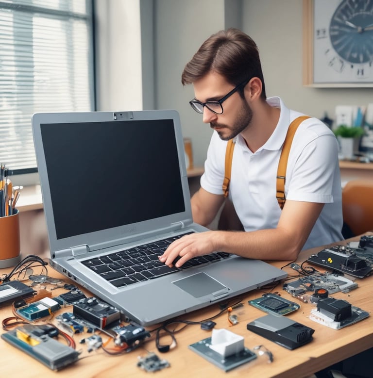 Technician repairing a laptop at a customer's home in a bright, welcoming room.