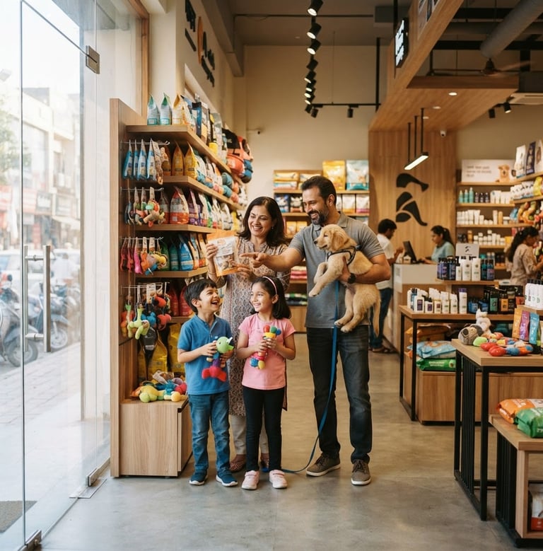 Bright, modern pet shop interior with a friendly Indian family browsing products, natural window light, wide shot, 35mm