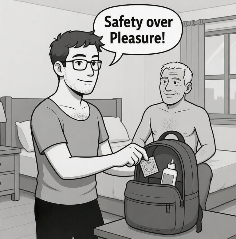 cartoon male sex worker pulling condom out with another male on sitting on male with wrinkles