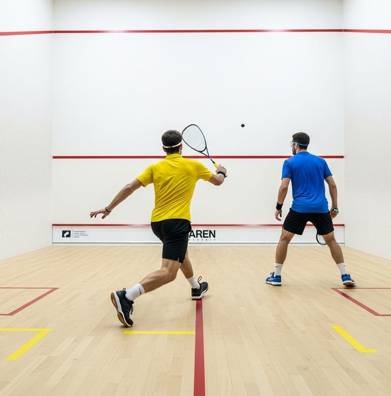 two men playing squash in a squash court