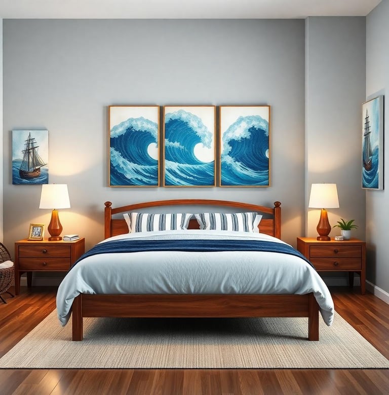 a nautical bedroom with a bed and a painting on the wall