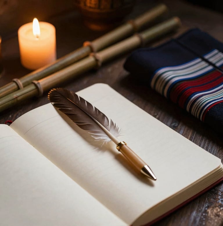 Macro close-up of vintage deckled-edge notebook paper, a delicate feather resting on it, soft candlelight glow, deep shadows, luminous highlights, dark moody photography