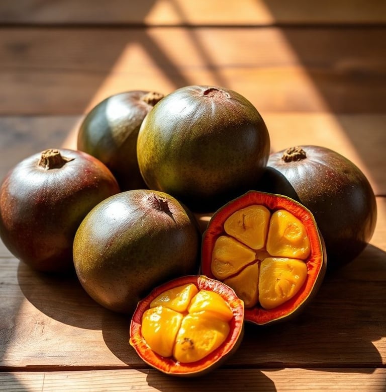 whole and cut monk fruit on wooden surface