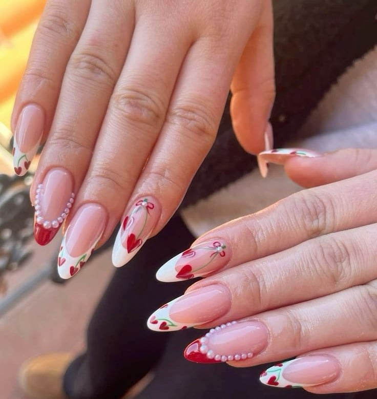 Valentine's day nail inspo white and red french tips with red heart cherries