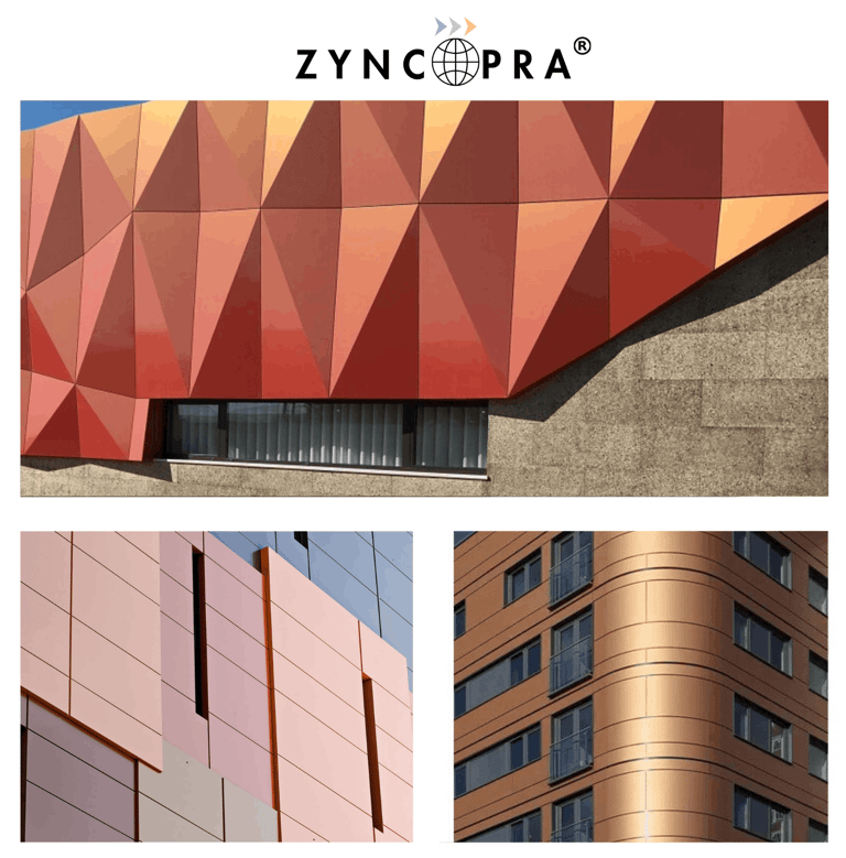 Modern aluminum composite panel facade with custom colors and finishes.